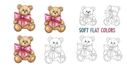 Cute Teddy Bear Illustrations: Watercolor, Line Art, and Color Variations © nia