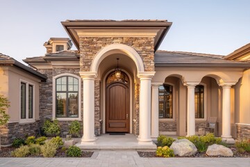 Obraz premium Architectural exterior detail: grand entrance, arched doorway, and textured stone accents