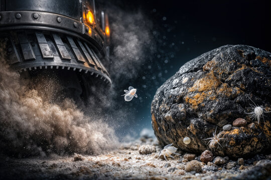 UN seabed moratorium debate deep sea mining confrontation between polymetallic nodule micro ecosystem and mining collector vehicle illustrating UN moratorium policy decision