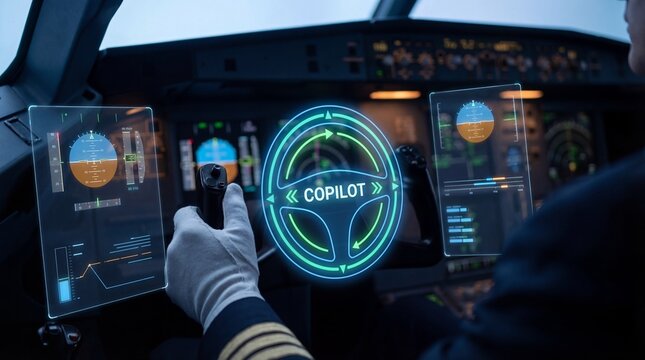 Pilot guiding advanced glowing copilot steering wheel in aircraft cockpit futuristic technology digital interface professional setting