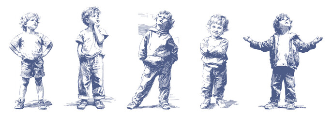 Thoughtful children expressive poses emotional vintage pencil sketch illustration. Kids show curiosity, confidence and different moods. Banner for psychology articles in realistic hand drawn style.