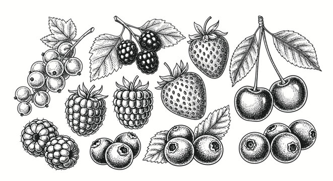 Hand-drawn Berry Assortment: Strawberry, Raspberry, Blackberry, Blueberry, Cherry, Currant