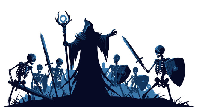 Necromancer Commanding Skeleton Army with Swords and Shields