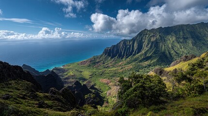 Emerald Kauai Mountains and Na Pali Cliffs Along a Turquoise Ocean Panorama