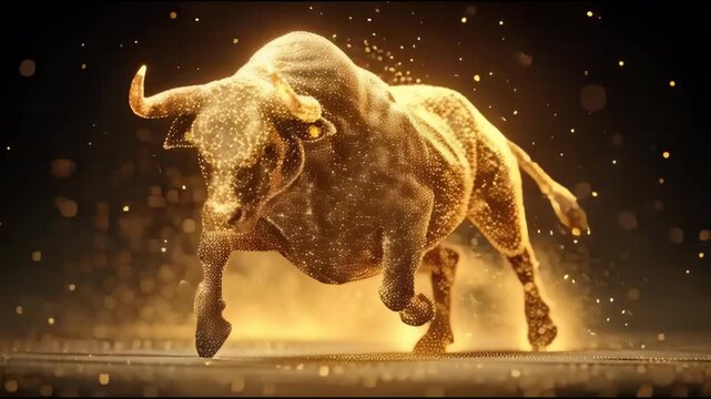 A dynamic illustration of a charging bull with golden light effects and particles on a dark background with a sense of motion and energy.