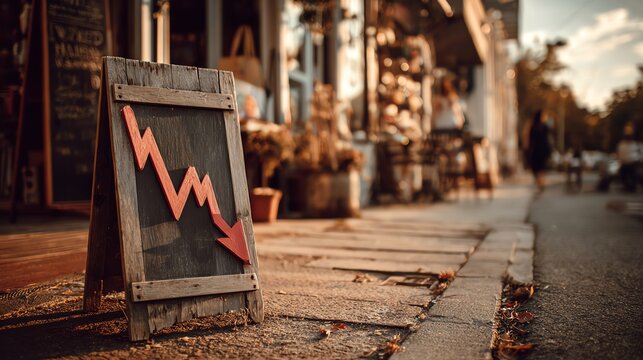 A wooden sign with a downward trending graph symbol indicating a decline in performance or sales, set against a vibrant street scene with shops in the background.