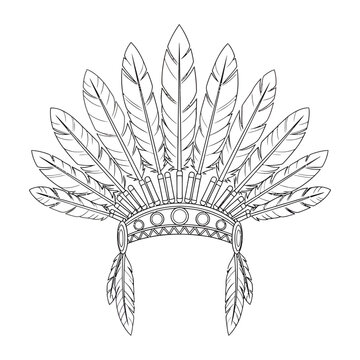 Traditional native american feathered headdress illustration with intricate details and ornate headband