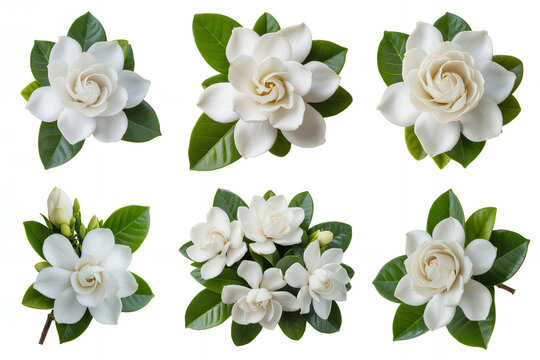 White gardenias with green leaves on white background