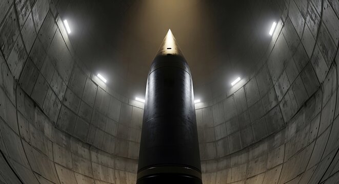 Inside a silo, a massive, pointed missile is lit by overhead lamps. Fog and stark angles