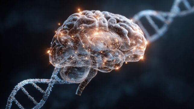 Human brain with glowing neural network and DNA strand