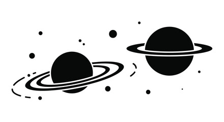Black and white illustration of two planets with rings and scattered stars © Ziaul_Studio