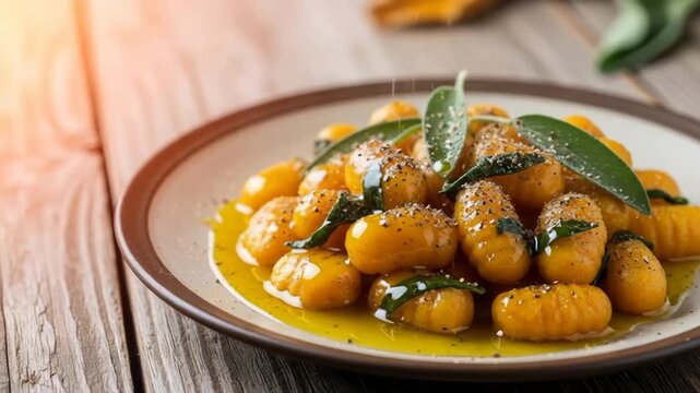 Closeup of golden gnocchi on a ceramic plate tossed in sage butter and olive oil with cracked pepper, slight pushin pan across the dish revealing glossy sauce rustic italian pasta dinner.