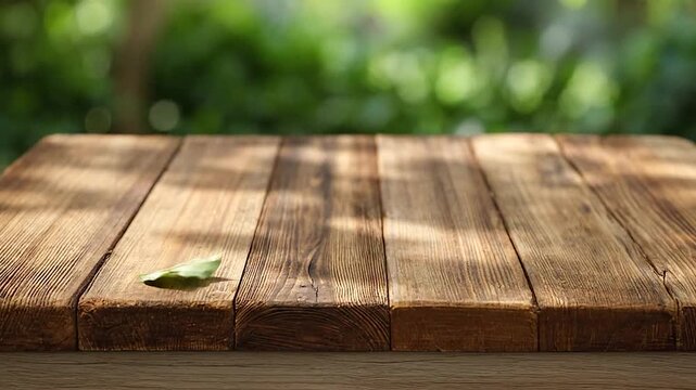 Empty rustic wooden table surface with natural green bokeh background