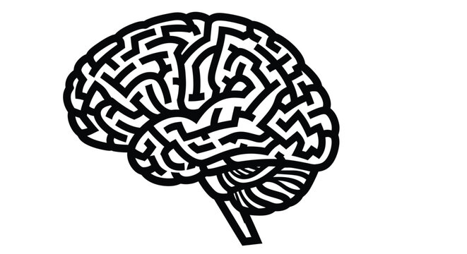 A human brain shaped like a complex maze rendered in black and white