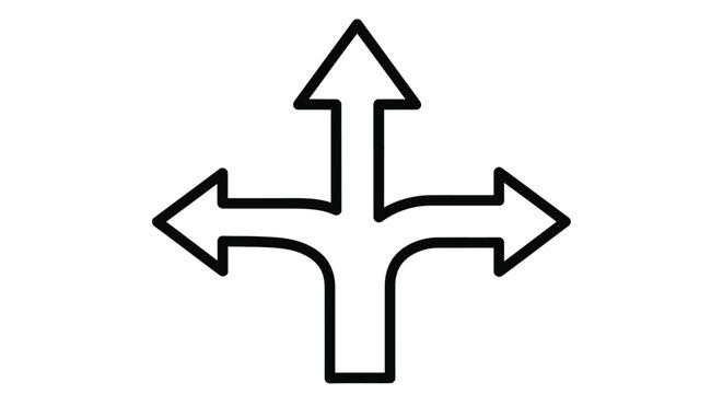 Simple black and white illustration of a directional arrow split into three paths