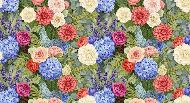 A seamless botanical pattern featuring vibrant hydrangeas roses and dahlias in a lush garden style