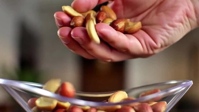 A hand pouring peanuts into a glass bowl