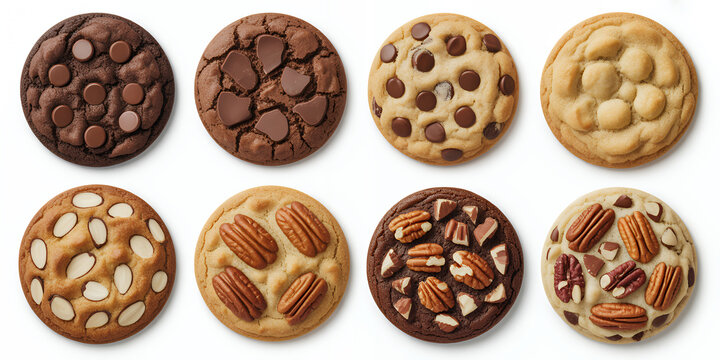 Assorted cookies with nuts and chocolate chips on white background