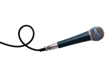 Studio microphone with black cord on transparent background, ideal for music, podcasting, broadcasting, and audio production concepts.