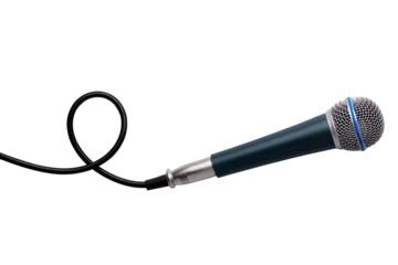 Studio microphone with black cord on transparent background, ideal for music, podcasting, broadcasting, and audio production concepts. © alesmunt