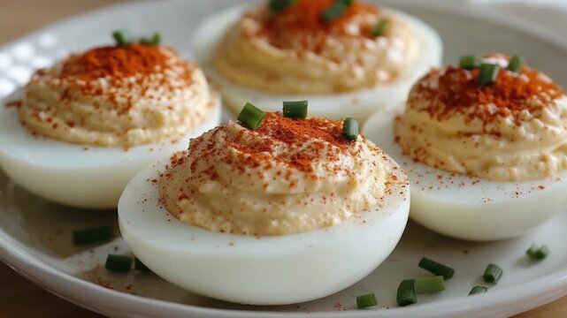 A plate of deviled eggs garnished with seasoning, perfect for parties and gatherings