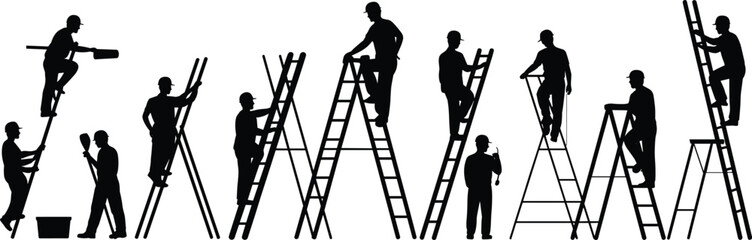 Silhouette set of construction workers and painters climbing ladders, holding tools and paint rollers, building renovation maintenance team at work on white background. © Md Baccu