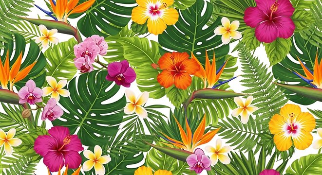 Vibrant seamless pattern featuring tropical hibiscus flowers monstera leaves and bird of paradise