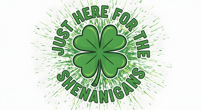 A green shamrock with the phrase Just Here for the Shenanigans written in green letters on transparent background