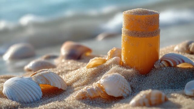 Close-up of shells and sand on a beach, ideal for travel or summer-themed designs