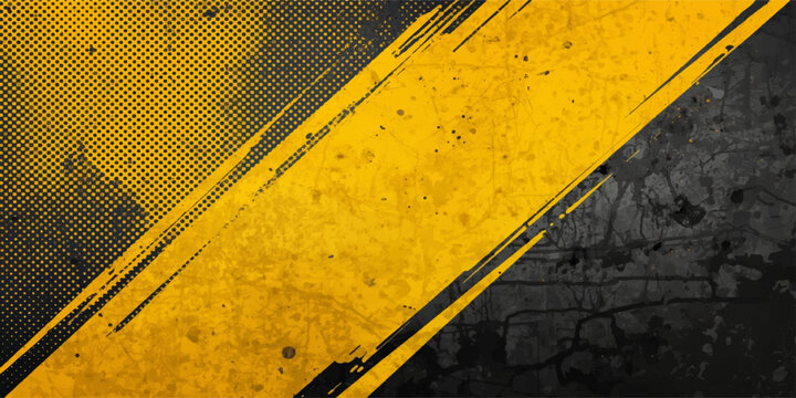 A grunge industrial background features a pattern of dirty black and yellow hazard warning stripes on an old metal construction sign or asphalt road texture symbolizing caution and danger