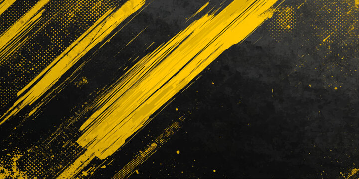 A weathered yellow and black grunge hazard stripes pattern featuring a dirty metal texture and old construction warning lines for industrial safety design