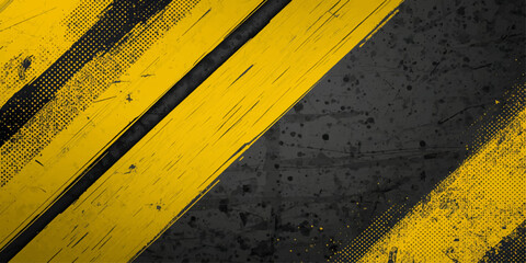 A weathered grunge texture features yellow hazard stripes painted on a dirty concrete wall to create a striking black and yellow caution pattern for construction safety and traffic warning signs © NAYEM