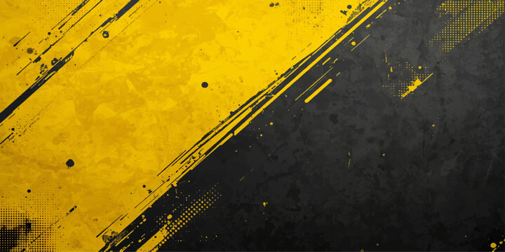 An abstract grunge yellow texture on an old rusty metal plate features a black directional arrow and speed lines across a weathered highway asphalt lane for travel and transportation