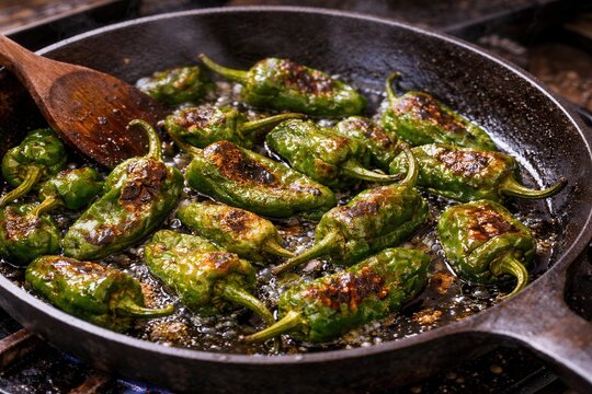 Pimientos de Padr&oacute;n in hei&szlig;er Pfanne gebraten querformat
Gr&uuml;ne Pimientos de Padr&oacute;n braten in Oliven&ouml;l in einer rustikalen Pfanne mit R&ouml;staromen.