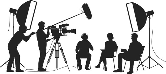 Silhouette of film crew shooting interview scene with camera operator boom mic lights interviewer interviewee in studio production setup. © Md Baccu