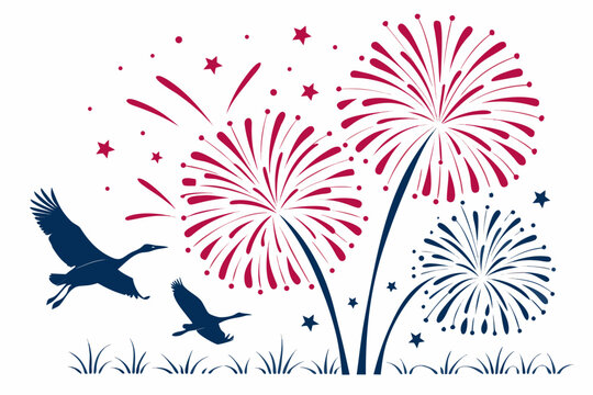 Celebratory vector graphic illustration featuring red and blue fireworks in the night sky with two elegant cranes flying over lush green grass.