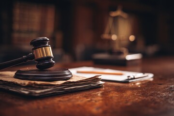 Obraz premium Gavel resting on contracts and papers on a polished desk in a legal office