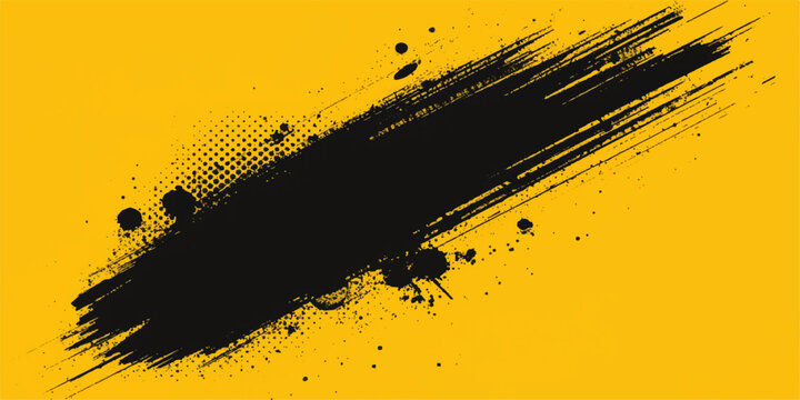 Abstract black ink splat and grunge paint texture vector illustration with a dirty liquid splash, brush spray drips, and halftone art pattern element