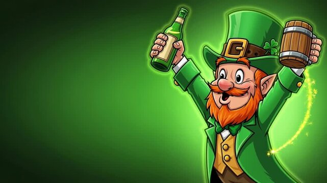 Happy leprechaun holding beer bottle and wooden mug for saint patricks day celebration