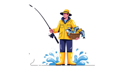 Fisherman's Bounty: A fisherman, in his yellow rain gear, stands amidst splashing water, proudly displaying his catch of the day in a woven basket. A perfect day of fishing © hafs121