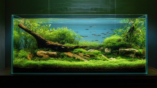 Calm nature-inspired freshwater tank with delicate characins and lush foliage in a serene aquascape