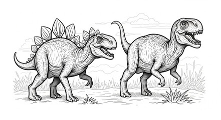 Detailed Line Art Depiction of Stegosaurus and Tyrannosaurus Rex. © Izas ganis