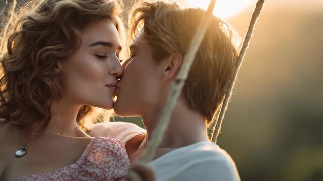 Young romantic couple sharing an intimate, tender kiss on a swing, bathed in warm golden light, portraying deep affection and connection, summer bliss
