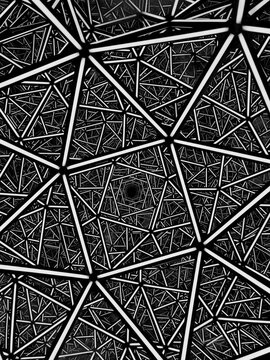 Pattern geometrico astratto bianco e nero con linee triangolari complesse.