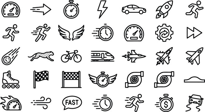 Dynamic speed and motion outline icons set for fast paced industry, race, and performance concepts