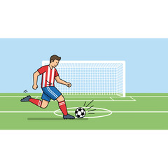 Obraz premium A soccer player kicks the ball on a green field near a goal.