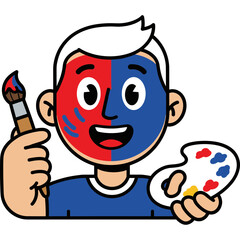 Fototapeta premium Cartoon boy enthusiastically painting with a brush and palette