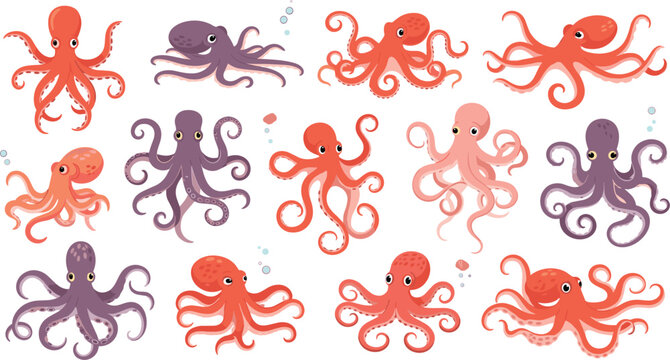 Cute octopus vector character sheet collection featuring various swimming and crawling poses with curly tentacles isolated on white background for marine life ocean and aquarium themed graphic design.