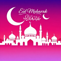 Eid Mubarak celebration with mosque silhouette and crescent moon on pink gradient background