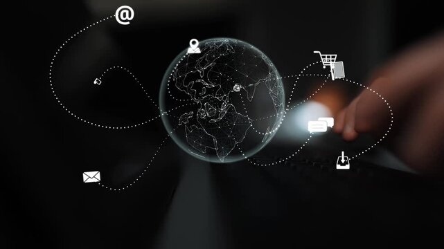 Visualization of global digital communication and online across multiple platforms, including global network, digital network, communication network, and online network. Marrow